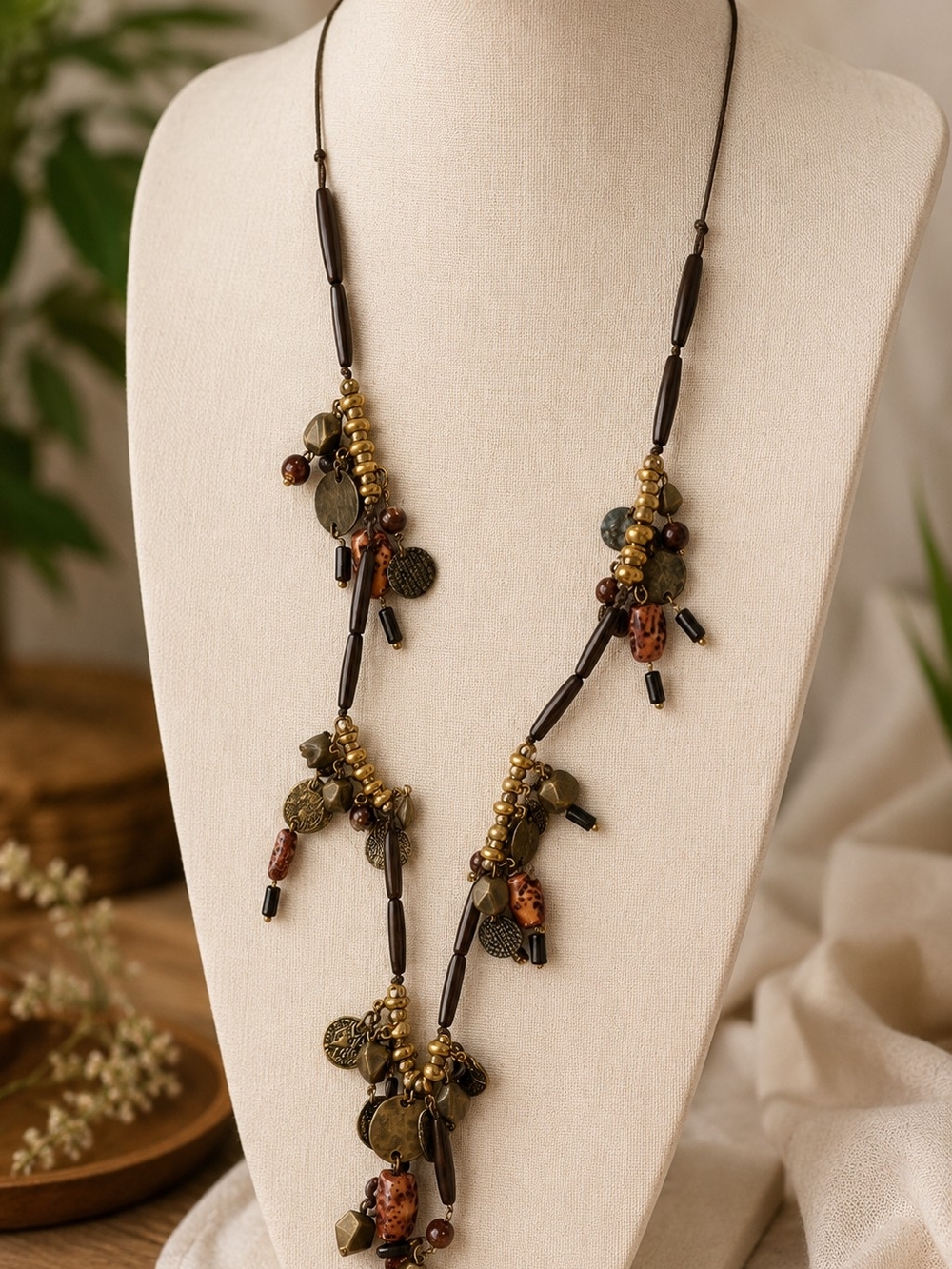 Artisan Layered Bead and Charm Necklace in Olive and Brown